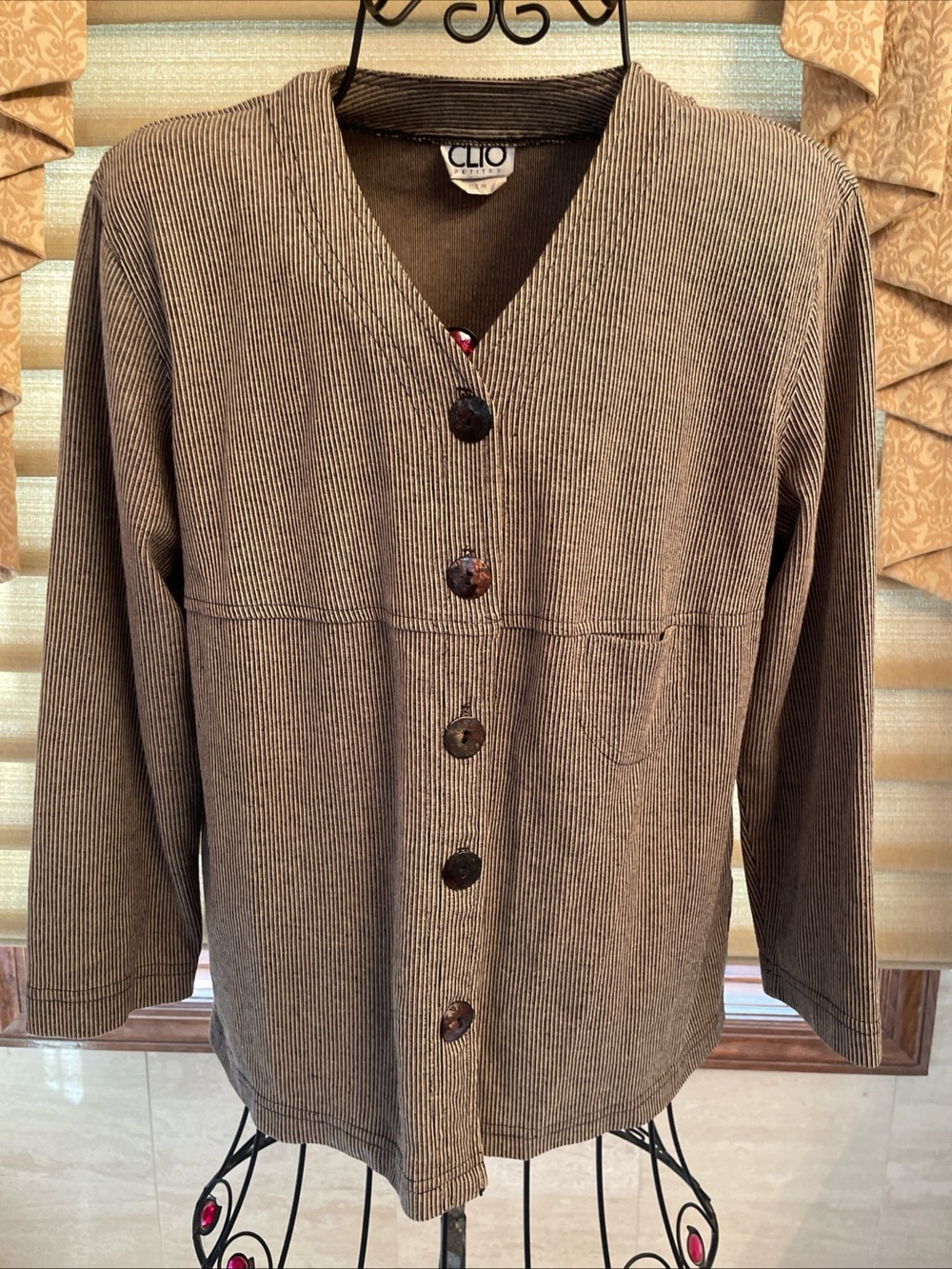 Vintage Clio Petites 90s Y2K Tan/Black Striped Jacket/Blazer Size Petite Medium
